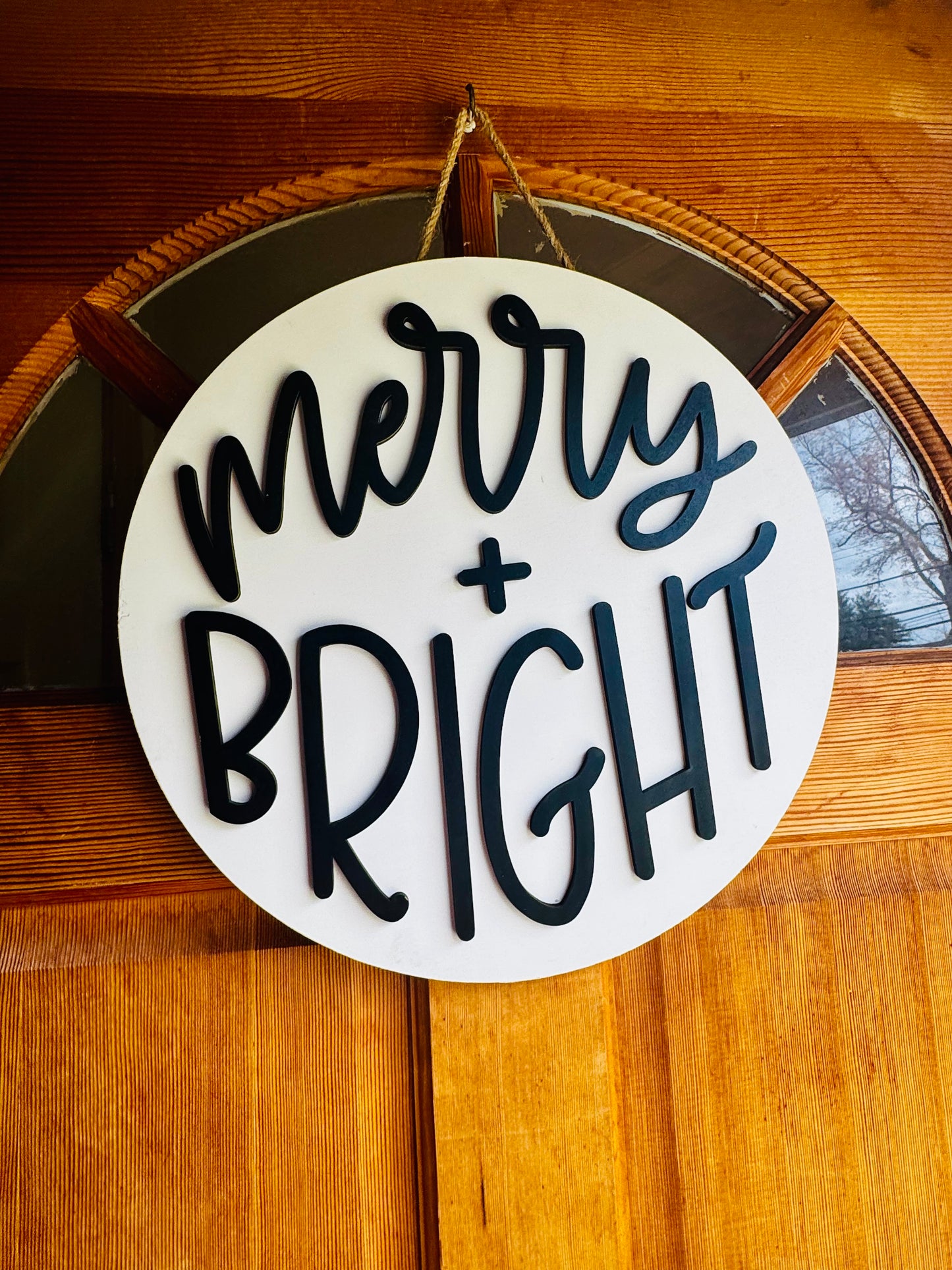 Merry + Bright Door Hanger – 15” Round | ½” Thick Wood Sign | Minimalist Christmas Decor
