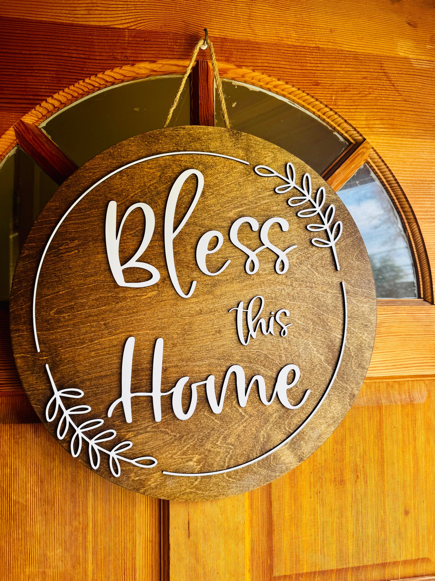 Bless This Home Door Hanger – 18” Round | Farmhouse Front Door Sign | 3D Wood Home Decor