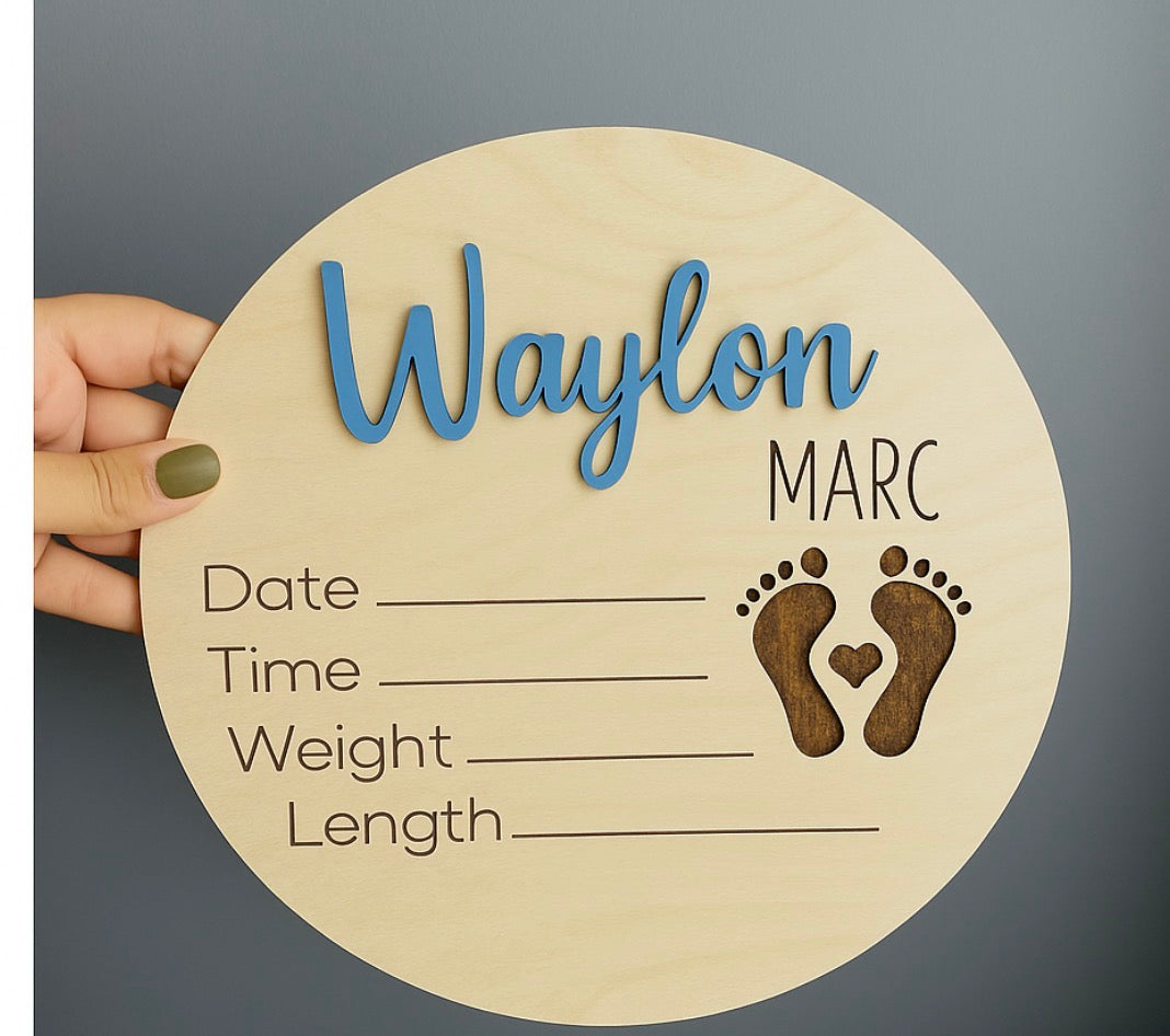 Personalized Wooden Birth Announcement Sign with Multiple Colors Available