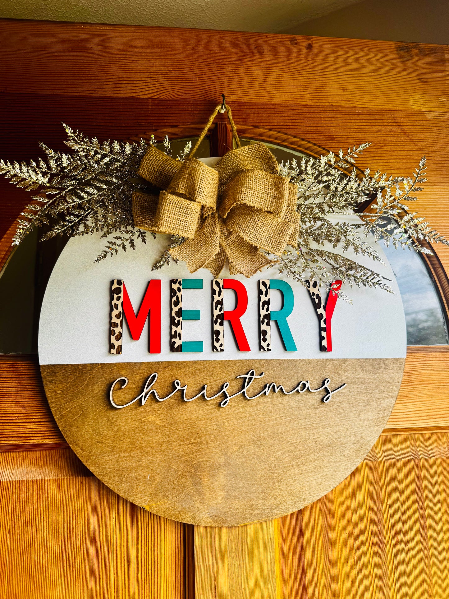 Merry Christmas Door Hanger – 18” Round | Leopard Print Christmas Sign | Burlap Bow Holiday Door Decor