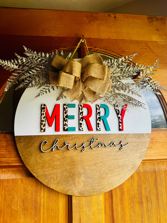 Merry Christmas Door Hanger – 18” Round | Leopard Print Christmas Sign | Burlap Bow Holiday Door Decor
