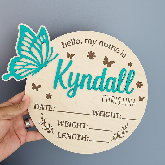 Personalized Wooden Butterfly Birth Announcement Sign – Multiple Colors Available