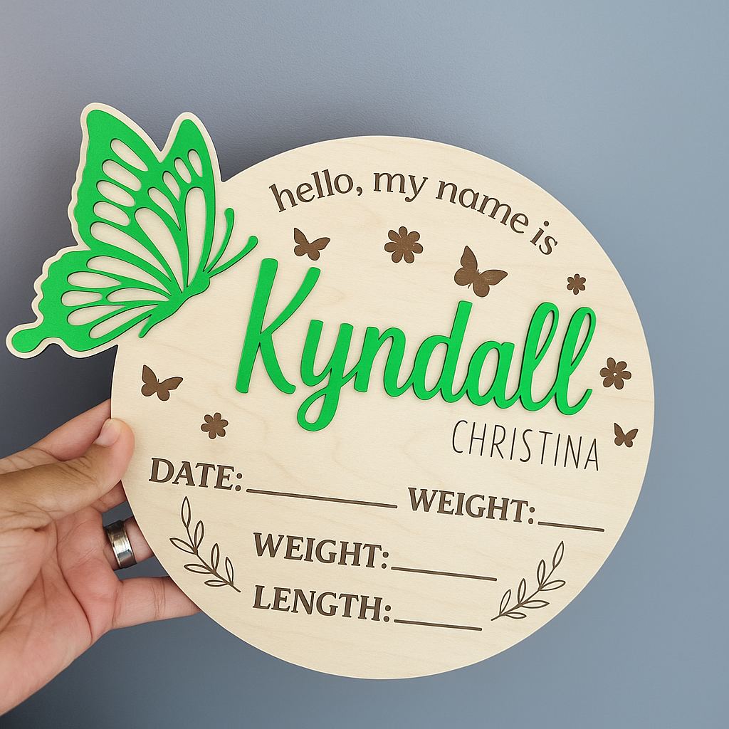 Personalized Wooden Butterfly Birth Announcement Sign – Multiple Colors Available