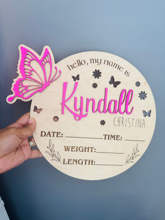 Personalized Wooden Butterfly Birth Announcement Sign – Multiple Colors Available