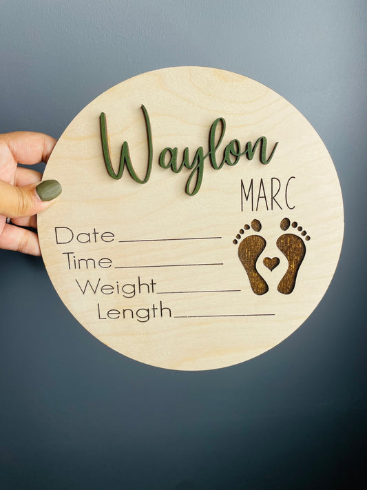 Personalized Wooden Birth Announcement Sign with Multiple Colors Available