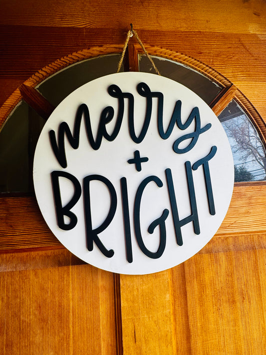 Merry + Bright Door Hanger – 15” Round | ½” Thick Wood Sign | Minimalist Christmas Decor