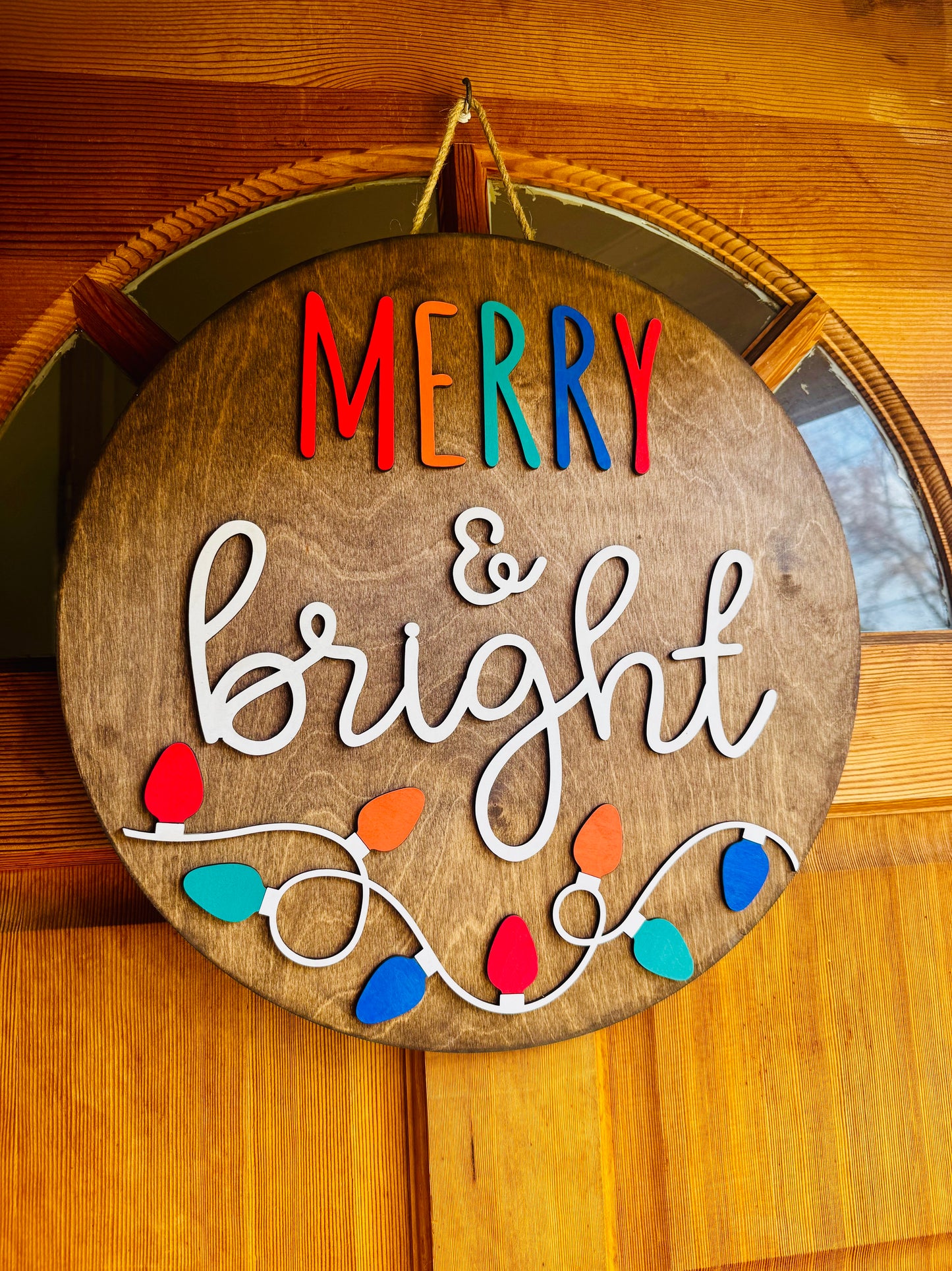 Merry & Bright Christmas Door Hanger – 18” Round | Holiday Front Door Sign | 3D Wood Christmas Decor