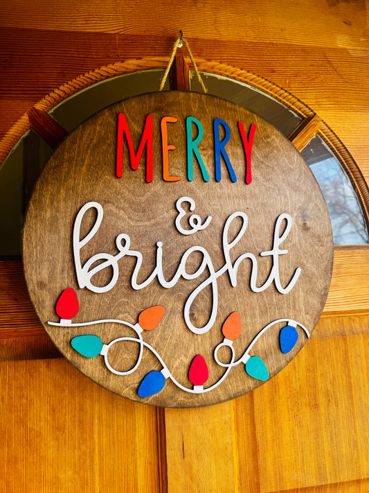 Merry & Bright Christmas Door Hanger – 18” Round | Holiday Front Door Sign | 3D Wood Christmas Decor