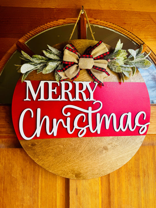 Merry Christmas Door Hanger – 18” Round | Holiday Front Door Sign | Buffalo Plaid Bow Christmas Decor