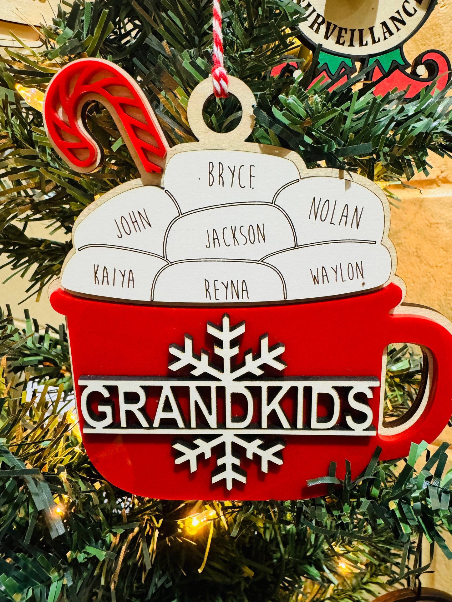 Personalized Grandkids Ornament – Custom Hot Cocoa Mug with 1–11 Names