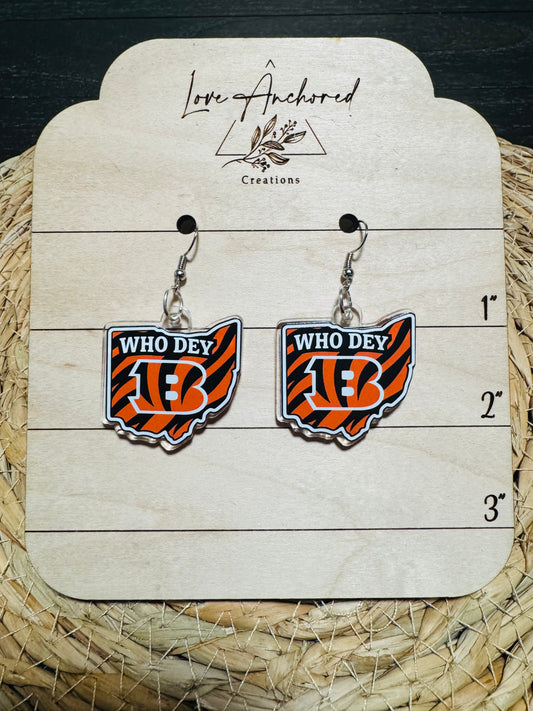 Bengals  “Who Dey” Acrylic Earrings – Small & Large Sizes | $12