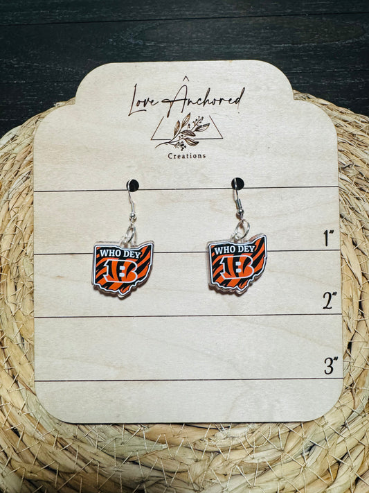 Bengals  “Who Dey” Acrylic Earrings – Small & Large Sizes | $12